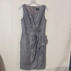 Adrianna Papell Metallic Gray Midi Dress Polished Feminine Clean Girl Look Flash